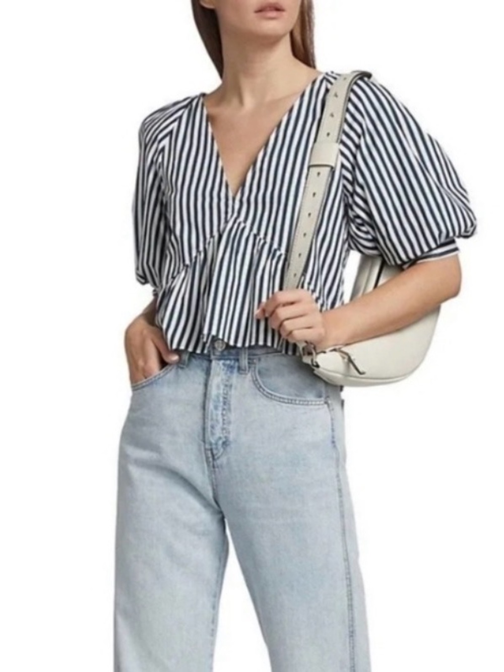 FRAME Cropped Striped Puff Sleeve Top Navy White S